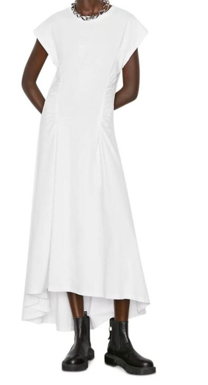 Frame Ruched Fitted Fit & Flare Midi Dress Women's Medium White Cap Sleeves